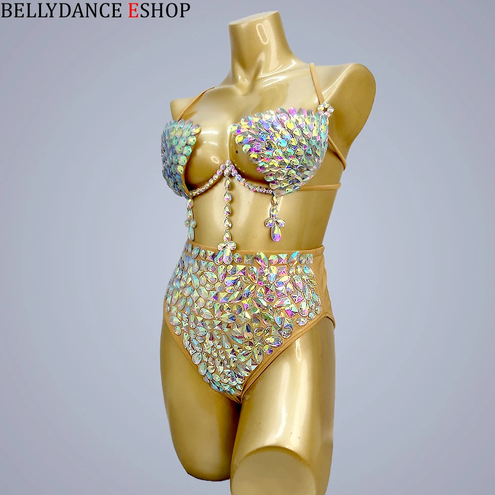 Belly Dance Costume Women's Iridescent Sequin & Rhinestone Bra and High-Waisted Briefs Set - Latin Samba Rave Performance