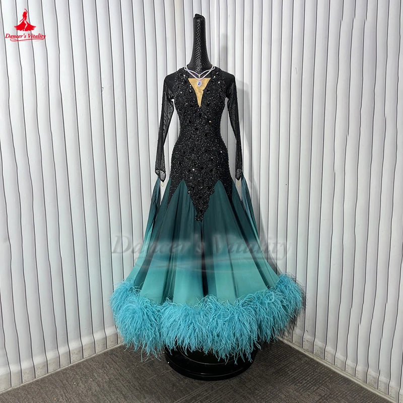 Women's Ballroom Dance Dress Ombre Chiffon Ostrich Feathers Swing Skirt Adult Waltz Foxtrot Tango Competition