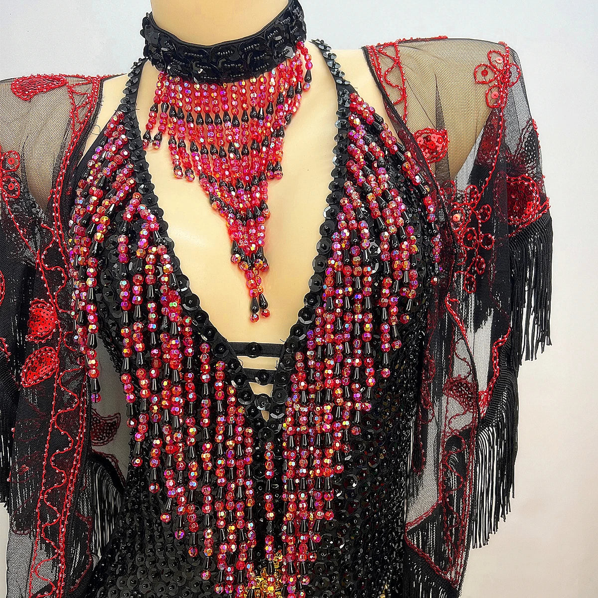 Bodysuit, Women's, Black/Red/Gold, Sequin Beaded Fringe, Latin Dance