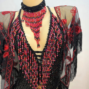Bodysuit, Women's, Black/Red/Gold, Sequin Beaded Fringe, Latin Dance