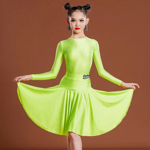 Girls Latin Dance Dress, Long Sleeve, Pleated Skirt, Ballroom Performance Costume