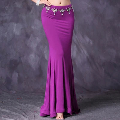 Belly Dance Skirt Women's Red Mermaid Maxi Skirt with Black Stone Belt for Performance