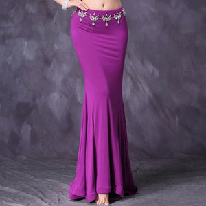 Belly Dance Skirt Women's Red Mermaid Maxi Skirt with Black Stone Belt for Performance