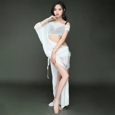 Women's Belly Dance Long Dress Costume With Short Sleeves For Performance