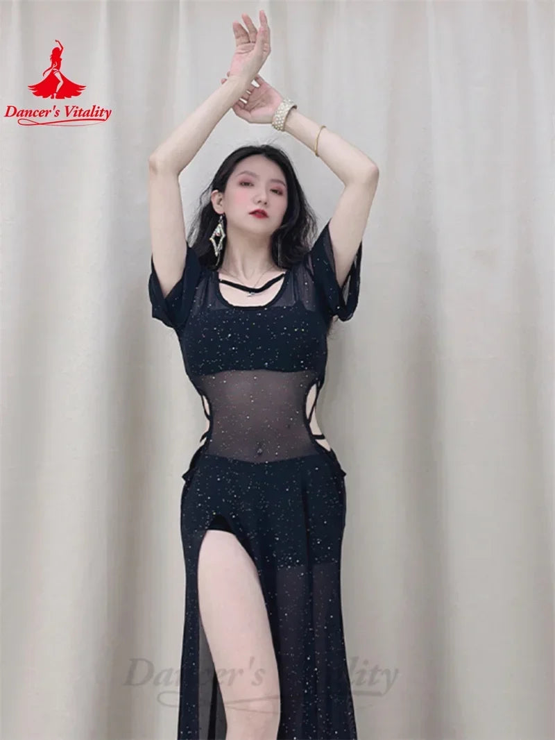 Women's Black Sparkle Mesh Cutout Slit Skirt Belly Dance Dress
