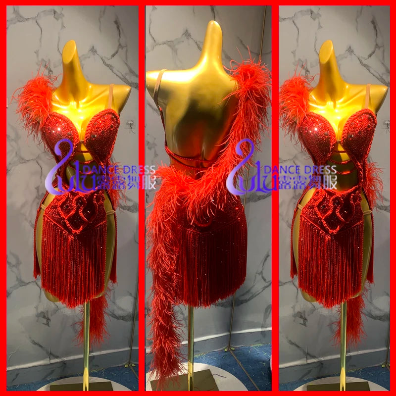 Women's Red Sequin Fringe Feather Latin Dance Dress