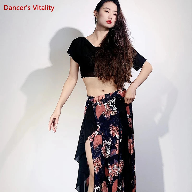 Women's Purple Floral Asymmetrical Skirt and Sheer Crop Top Belly Dance Costume