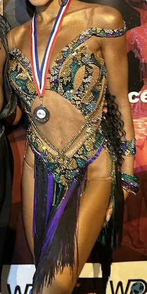 Latin Dance Dress Women's Gold Teal Purple Sequin Fringe Cutout Bodysuit with Medal