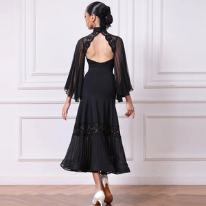 Women's Black Ballroom Dance Dress with Pleated Chiffon Sleeves and Lace Hem