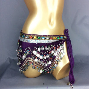 Belly Dance Hip Scarf, Women's Blue Gold Coin & Jewel Embellished Chiffon Waist Wrap, Tribal Fusion Bellydance