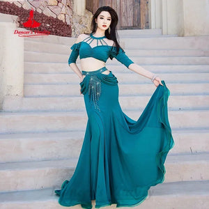 Belly Dance Costume Women's Red Off-Shoulder Crop Top & Mermaid Skirt Set with Rhinestone Belt