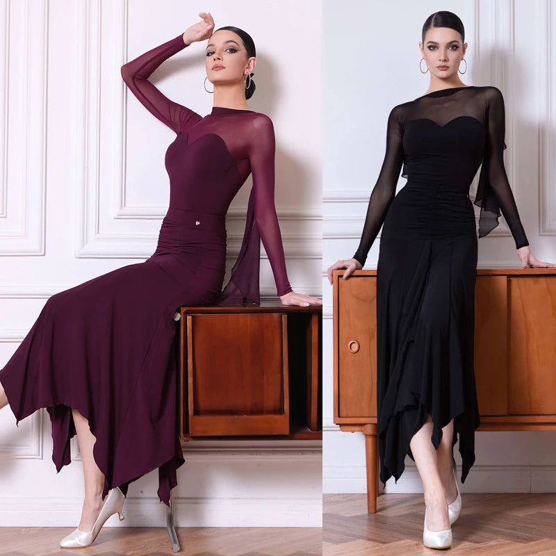 Dance Dress Women's Burgundy Mesh Long Sleeve Ruched Asymmetrical Hem Ballroom Latin Dance Dress
Dance Dress Women's Black Mesh Long Sleeve Ruched Asymmetrical Hem Ballroom Latin Dance Dress