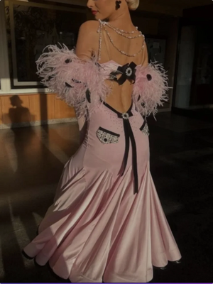 Women's Pink Feathered Sweetheart Neckline Ballroom Dance Dress with Gloves