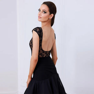 Women's Black Lace Cap Sleeve Bodysuit and Ruffled Chiffon Skirt Latin Ballroom Dance Dress