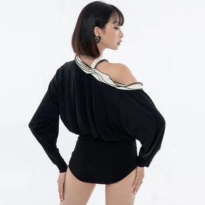 Women's Black & White Off-Shoulder Ruffle Rose Ballroom Dance Dress