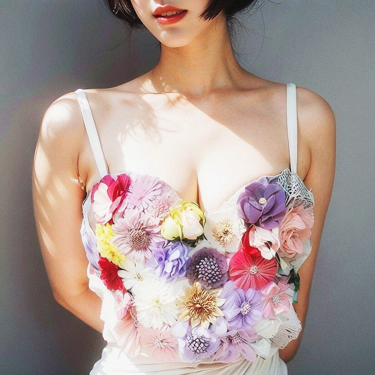 Floral Appliqué Sweetheart Bustier Top for Women, White with Multicolor Fabric Flowers, Strappy, Dancing Apparel