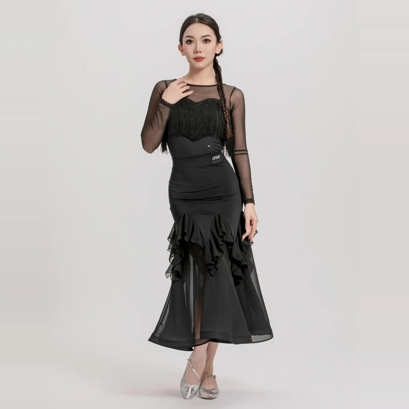 Women Black Mesh Fringe Ruffle Latin Dance Dress