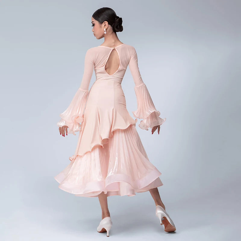Women's Peach Ruffled Mesh Long Sleeve Ballroom Dance Dress with Layered Skirt