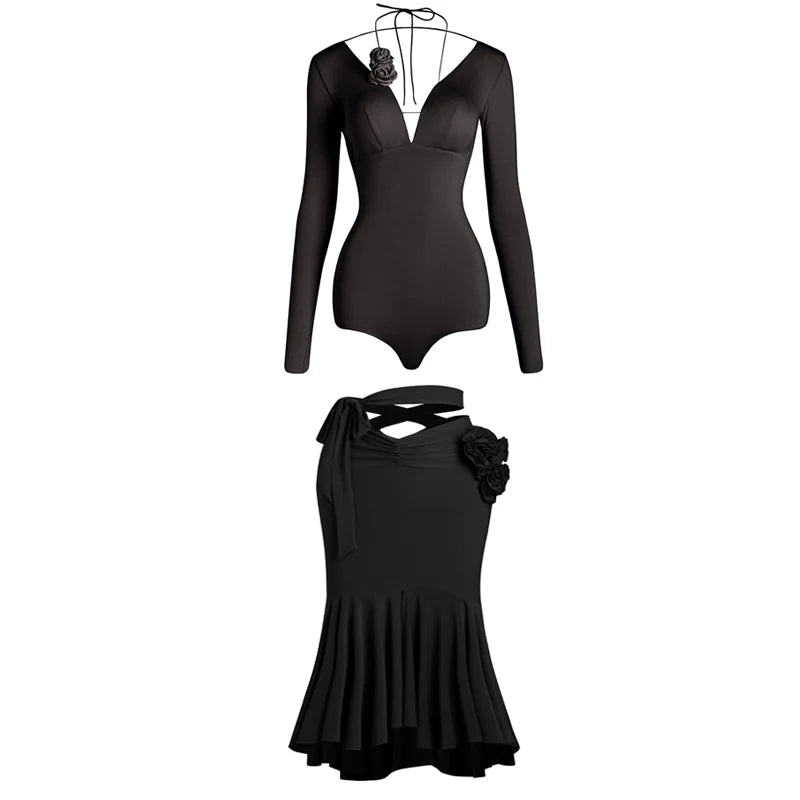 Women's Black & Red Mesh Long Sleeve Crop Top & Ruffled Slit Skirt Latin Dancewear Set