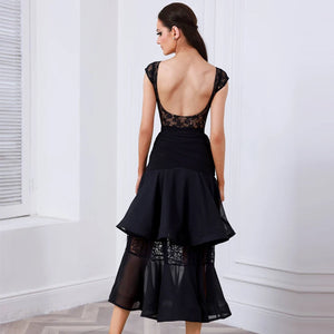 Women's Black Lace Cap Sleeve Bodysuit and Ruffled Chiffon Skirt Latin Ballroom Dance Dress