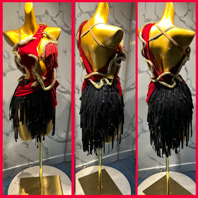 Women's Red and Black Velvet Sequin Fringe Latin Dance Dress