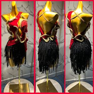 Women's Red and Black Velvet Sequin Fringe Latin Dance Dress