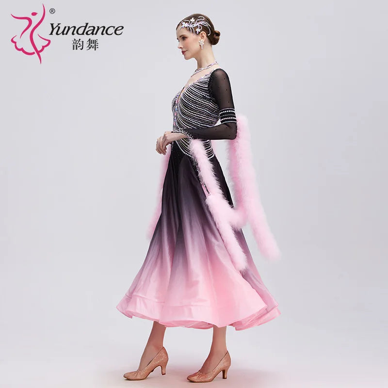 Women's International Standard Ballroom Dance Dress Pearl-Embellished Silk Black-Pink Gradient Competition