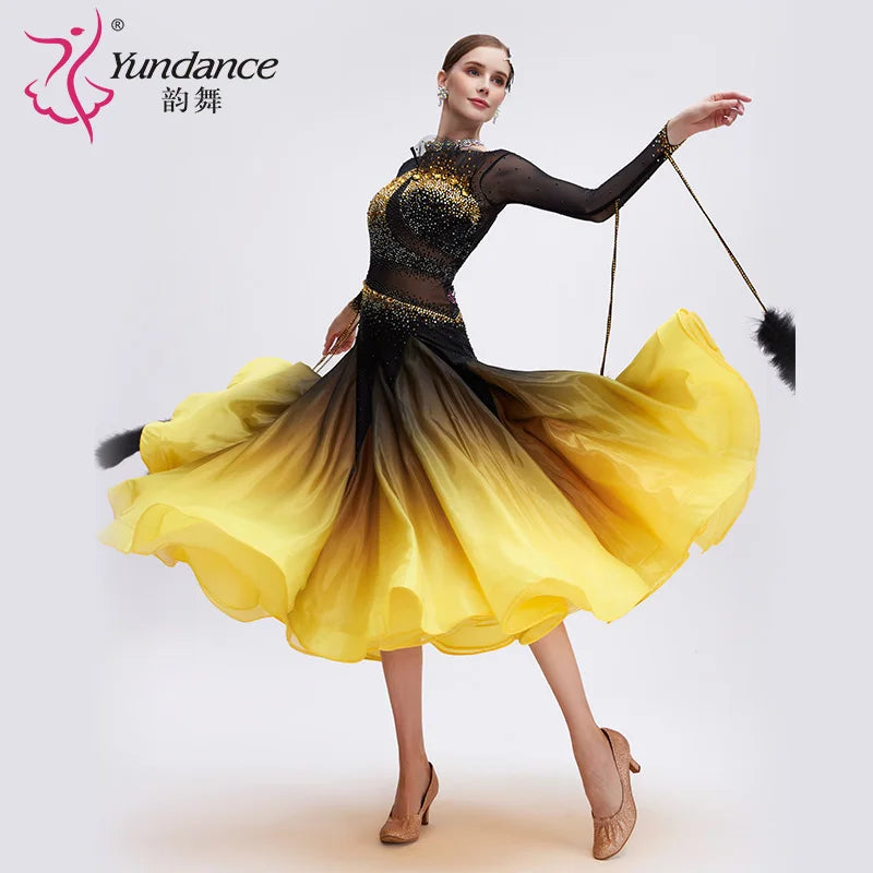 Women's Ballroom Dance Dress With Ombre Satin Chiffon In Yellow And Black For Competition