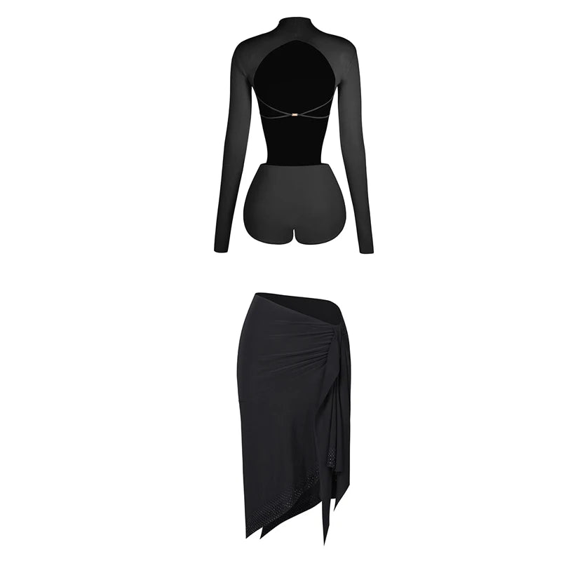Women's Pink Long Sleeve Mock Neck Cut-Out Bodysuit with Black Asymmetrical Wrap Skirt for Latin Dance