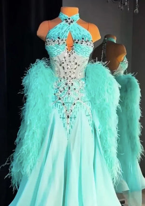 Women's Teal Ballroom Dance Gown with Feather Sleeves, Rhinestone Embellishments, and Halter Neck
