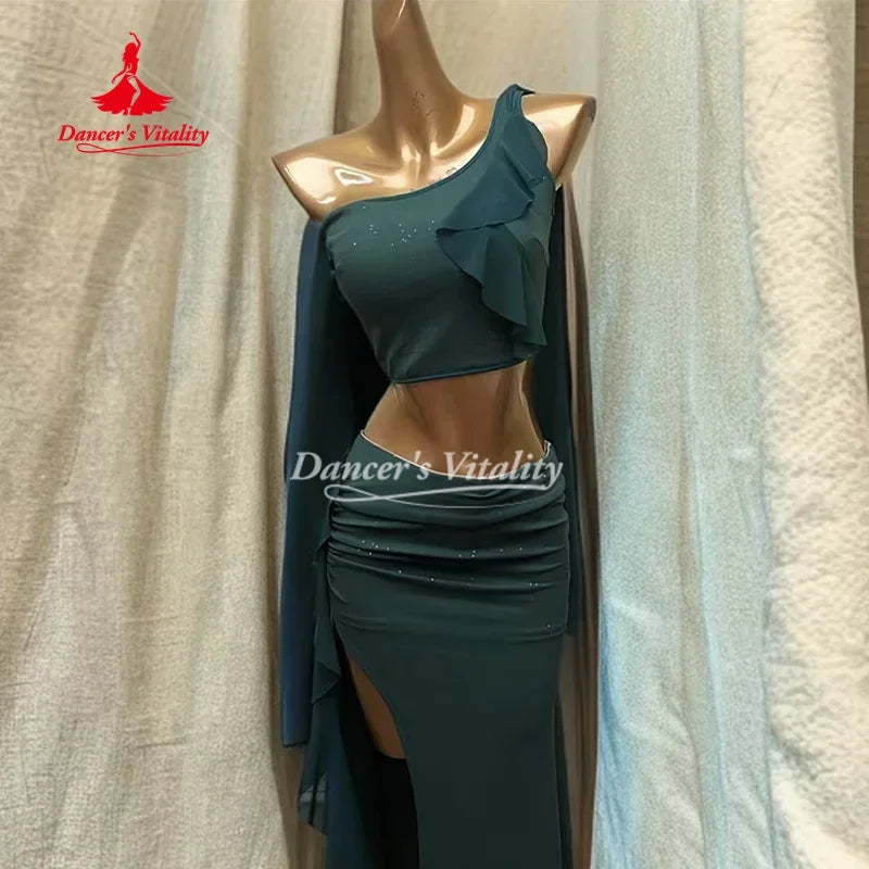 BellyDance Practice Suit Women Customized Sexy Off Shoulder Top+Split Long Skirt 2pcs Oriental Dance Professional Training Set