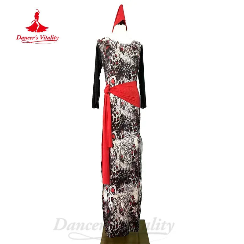 Women's Black and White Animal Print Long Sleeve Maxi Dress with Red Sash and Headpiece for Belly Dance