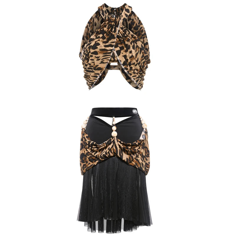 Ballroom Dance Dress Women's Leopard Print Black Halter Neck Draped Top with Matching Arm Sleeves and Beaded Skirt with Tulle Fringe