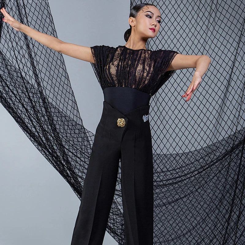 Women's Black Lace & Solid Leotard with Short Sleeves for Ballroom Dance
