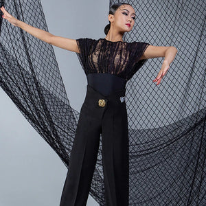 Women's Black Lace & Solid Leotard with Short Sleeves for Ballroom Dance