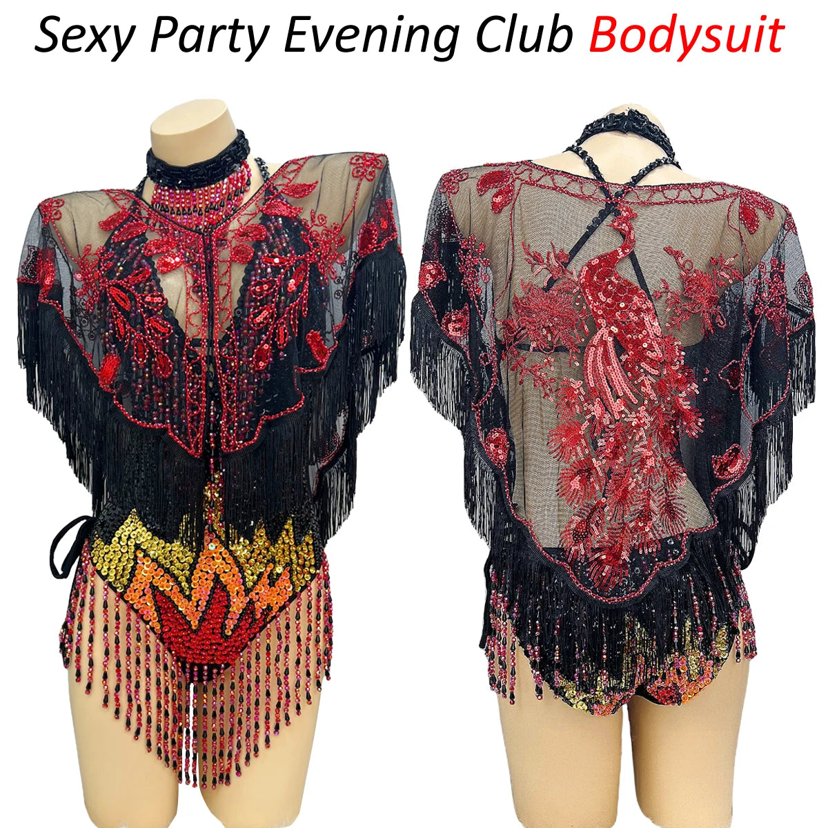 Bodysuit, Women's, Black/Red/Gold, Sequin Beaded Fringe, Latin Dance