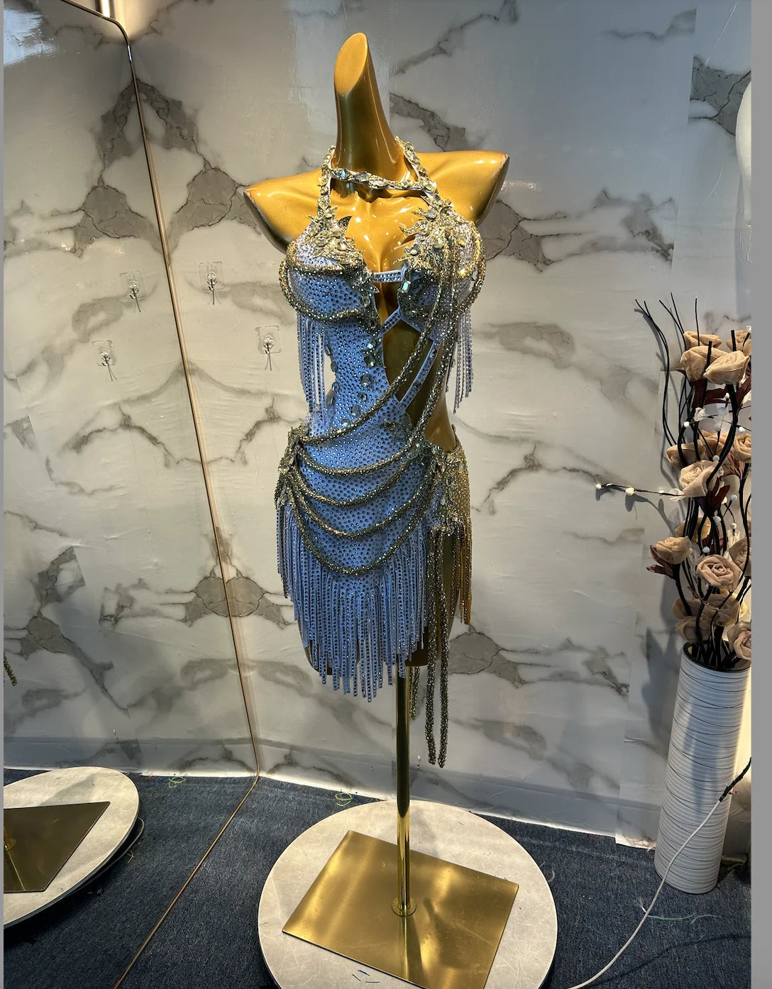 Women's Gold & White Fringe Sequin Latin Dance Dress with Cutouts