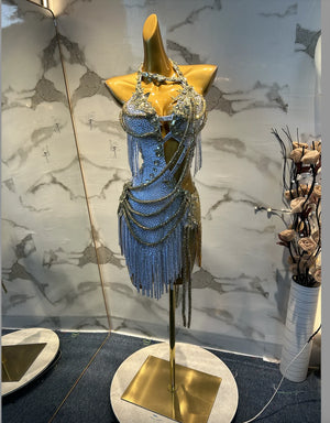 Women's Gold & White Fringe Sequin Latin Dance Dress with Cutouts