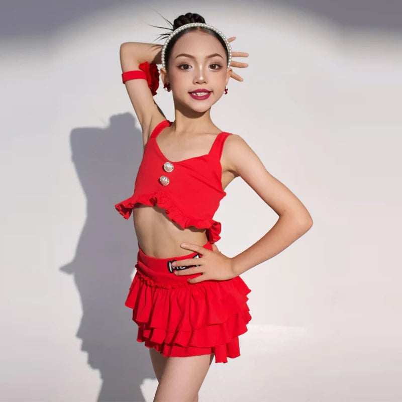 Girls Latin Dance Costume, White/Red/Pink Ruffled Crop Top & Skirt Set with Buttons, Performance/Practice Outfit