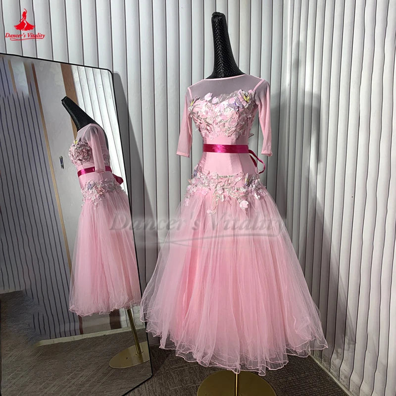 Ballroom Dance Dress Women's Pink Floral Embroidered Mesh Tulle Long Sleeve Open Back Waltz Foxtrot Standard Dance Gown