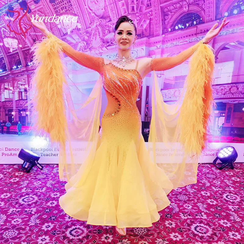 Women's International Standard Ballroom Dance Dress With Ostrich Feathers In Chiffon For Competition