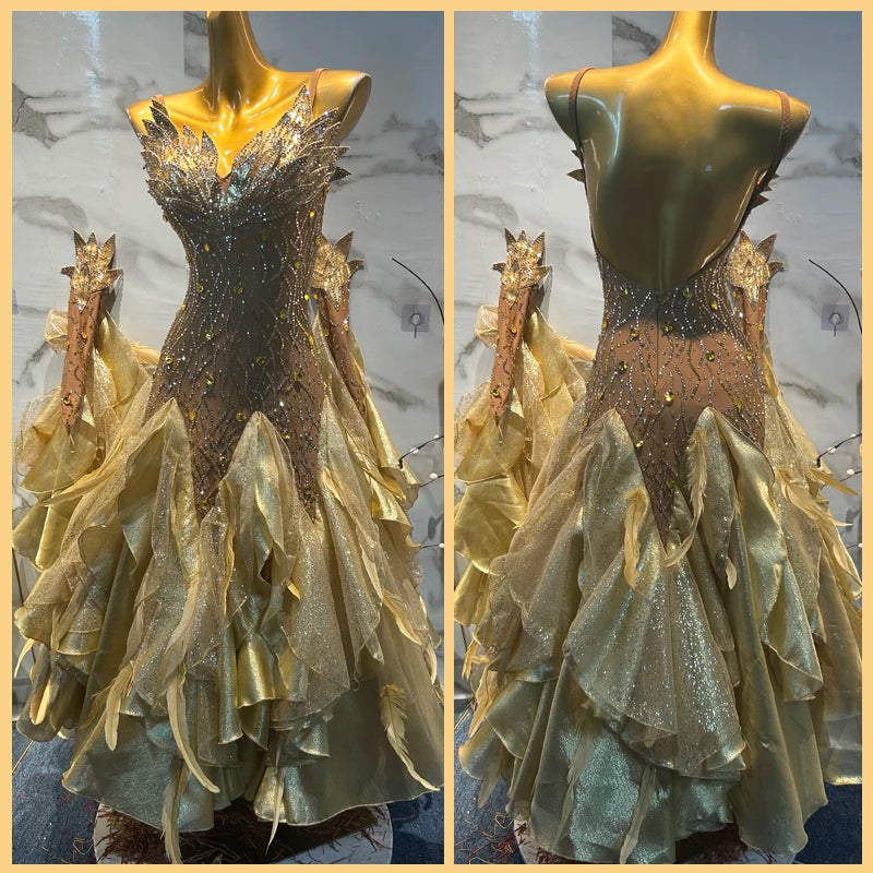 Ballroom Dance Dress Women Gold Glitter Sequin Rhinestone Feather Mesh Ruffled Open Back Standard Dress