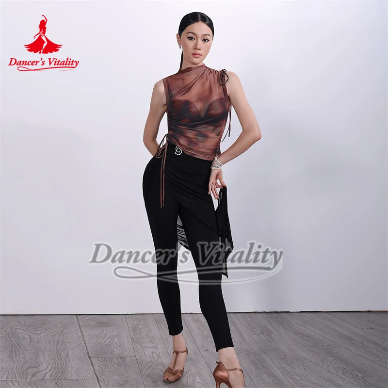 Women's Brown Mesh Sleeveless Tie-Side Fringe Skirt Latin Dancewear Set