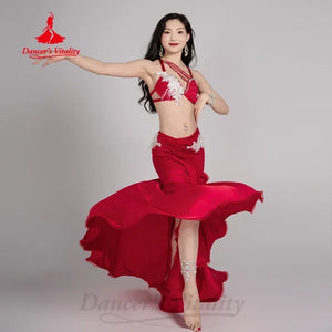 Women's Belly Dance 2-Piece Costume With AB Rhinestone Bra and Fishtail Skirt for Adult Competition