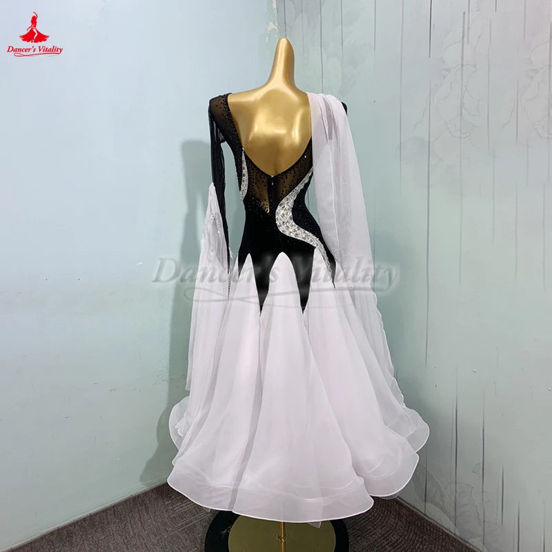 Adult Black White Standard Ballroom Dance Big Swing Dresses Customized Women Waltz Foxtrot Tango Quickstep Costume