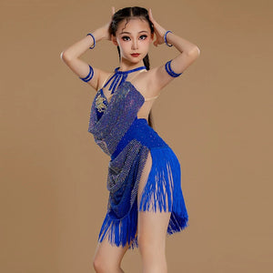 Girls' Blue Sequin Fringe Latin Dance Dress with Armbands and Choker, Halter Neck