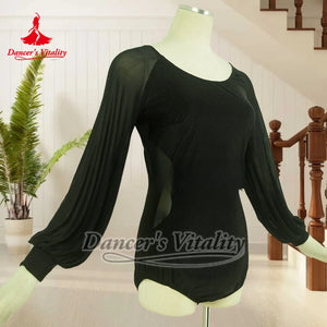 Women's Black Mesh Long Sleeve Leotard with Back Keyhole Ring Detail for Ballroom Dance