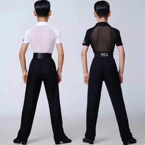 Boys' Black and White V-Neck Short Sleeve Ballroom Dance Shirts and Trousers Set