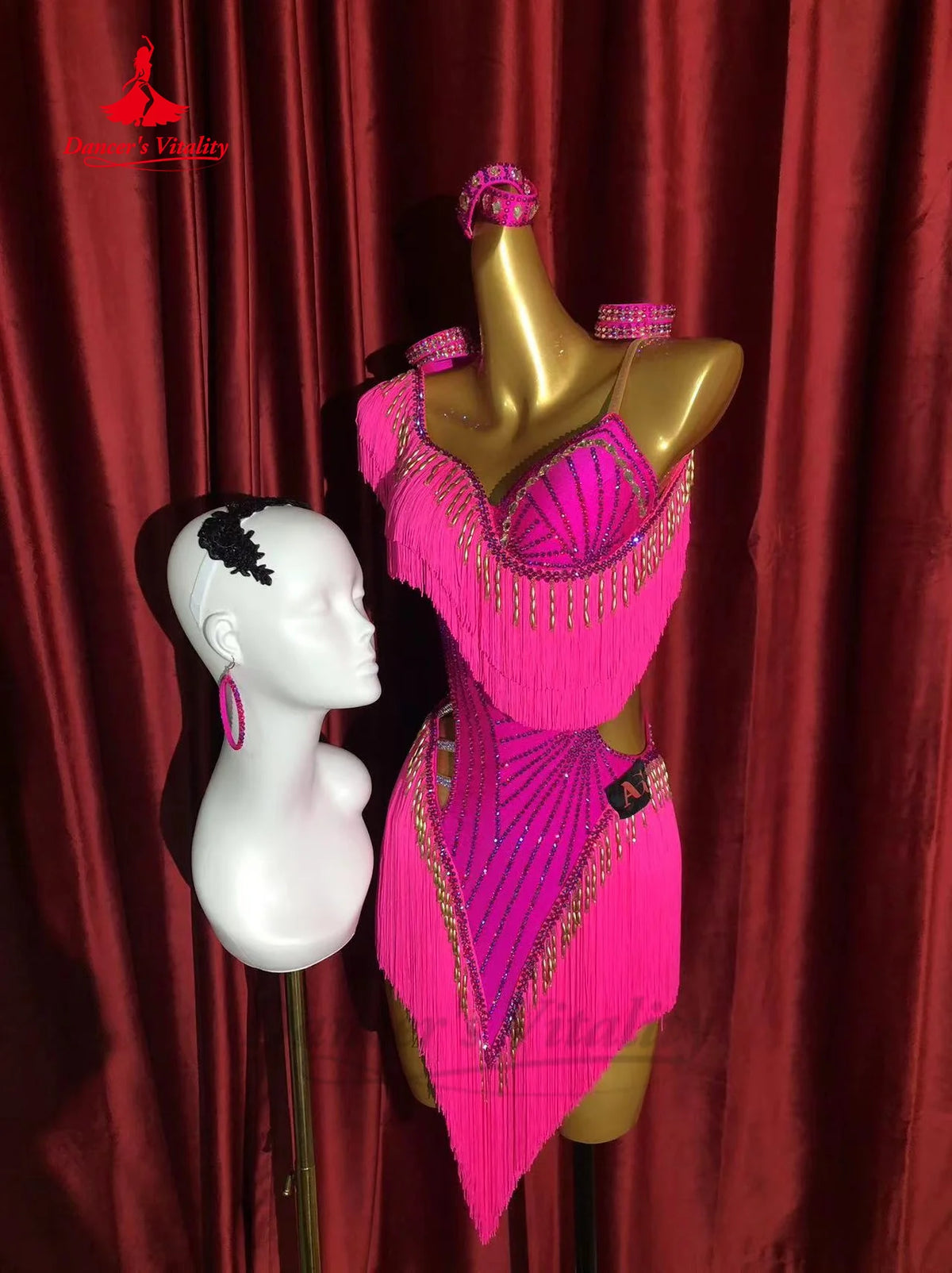 Latin Ballroom Dance Dress With AB Rhinestone Fringe For Women And Girls Tango Cha-Cha Samba Performance