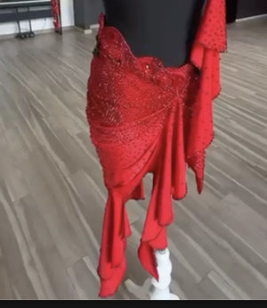 Latin Dance Top and Skirt Set, Women's, Red and Copper, Beaded Fringe Rhinestone Embellished, Ballroom Dance